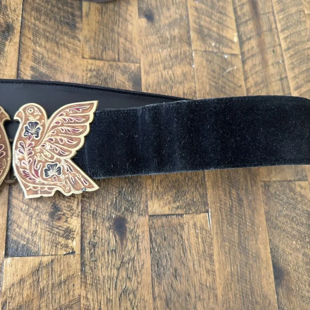 Vintage Golden Hands Lee Bernay Belt Brass Enamel Buckle Suede Boho Hippie